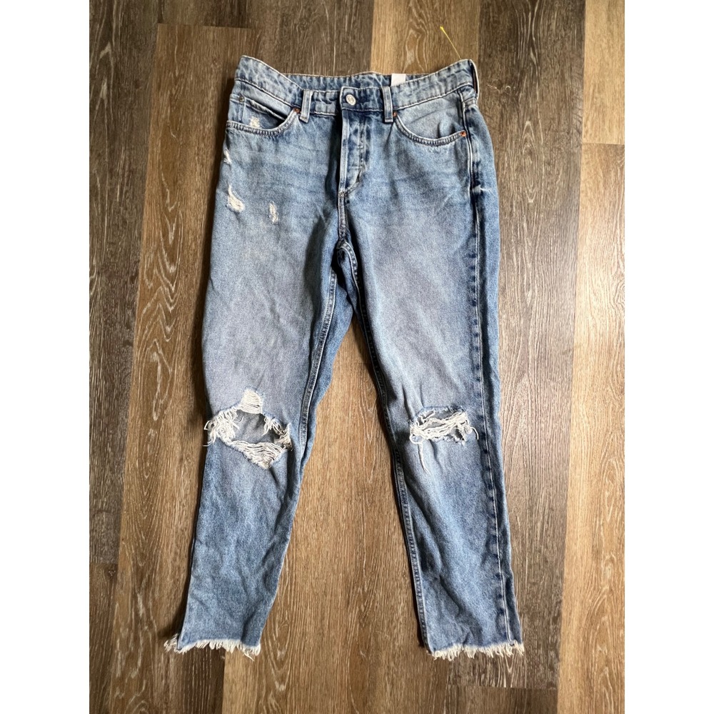 H&M Boyfriend Jeans Women Size 6 Light Blue Distressed Ripped Low Waist Raw Hem
